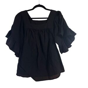 Beachlunchlounge Black Cotton Square Neck Ruffle Tiered Sleeve Blouse Top M